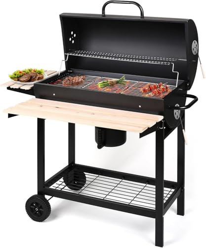 Barbecue a Carbone con Carrello, Griglia Grande con Ripiano in Legno, 2 Ruote, Controllo Temperatura, Nero