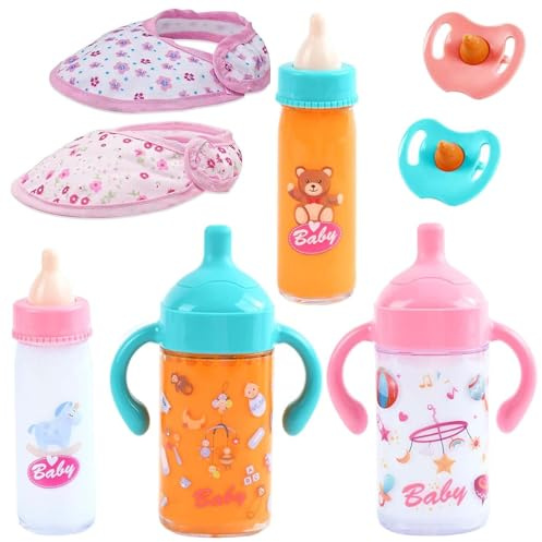 Baby Doll Accessories, Magic Milk Bottles, 8 Pcs Magic Baby Bottles Set for Girls, Dollhouse for Kids with 2 Dummy, 4 Magi Milk Bottle, 2 Bib, Realistic Role Play