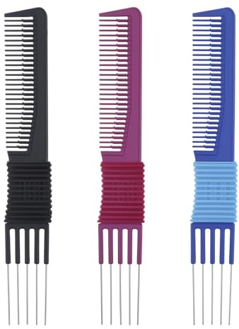 ZEYIYER 3PCS Comb with Prong, Lift Teasing Comb with Metal Pick, Hair Styling Combs for Women Men, Backcombing Combs for Fine Hair, Salon (Blue, Black, Purple)