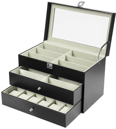 Pinuox Scatola 12 Orologi + Scatola Occhiali 12 Occhiali Scatola Porta Occhiali Scatola Scatola Orologi con Coperchio in Vetro Scatola con 24 Scomparti per Anelli, Bracciali, Orologi, Occhiali da Sole