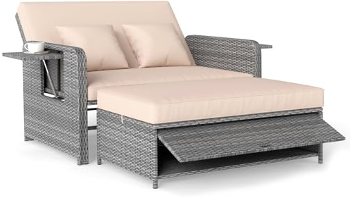 COSTWAY 4 en 1 Sofa Exterior de Ratán, Tumbona de Ratán para Patio con Respaldo Ajustable y Mesas Auxiliares Plegables, Conjunto de Sofá de 2 Piezas y Otomana con Almacenamiento para Jardín