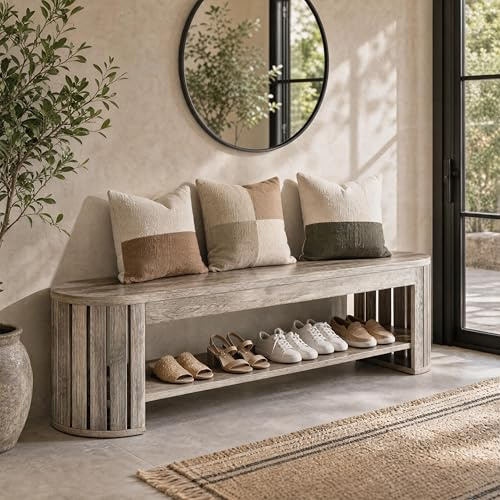 Tribesigns Banc à Chaussures 160 cm à 2 étages en Bois avec Pieds à lamelles, Banc étroit avec étagère à Chaussures pour Couloir, Chambre à Coucher et Salon (Gris)