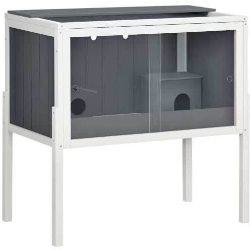 PawHut hamsterbur med skjutdörr för dvärghamster 82 x 45 x 81 cm grå | av trä, smådjursbur, gnagarbur, 2 stugor och hyllor, stor, tillbehör, musbur, bur