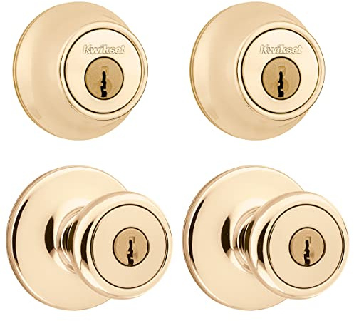 Kwikset 242 Tylo Entry Knob and Single Cylinder Deadbolt Project Pack in Polished Brass