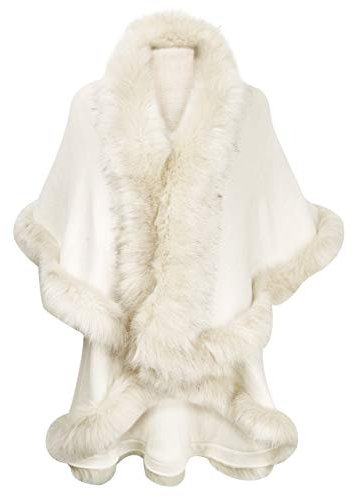 ZLYC Damen Winter Kunstpelz Poncho Strick Schal Stola Warm Cape Cardigan (Weiß),Einheitsgröße