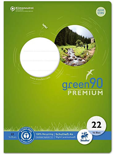 Staufen Green Heft - DIN A4, Lineatur 22 (5mm kariert), 16 Blatt, premiumweißes 90 g/m² Recyclingpapier, runde Ecken verhindern „Eselsohren“, 1 Stück