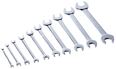 MAXPOWER 10PCS Double Open-End Wrench Set, Industrial Grade Spanners, Cr-V Steel, Roll-up Storage Pouch, Metric up to 32mm, Mirror Finish