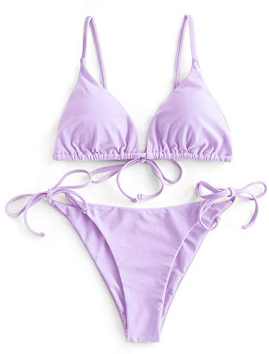 ZAFUL Set bikini da donna imbottito a triangolo, costume da bagno bikini in tinta unita con coppe triangolari e spalline sottili, viola., M