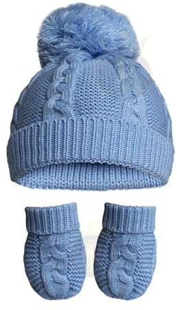 Royal Icon Baby Knitted Pom Pom Hat With Mittens Baby Boys Girls Winter Hat Mittens Set Cable Knit Single Pom Pom Bubble Hat Colours Available NB-12 Months RI6512 (Blue)
