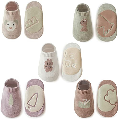 Exemaba Baby Ankle Non Slip Grips Socks 5 Pairs Toddler Cartoon Anti Skid Socks(Style D, M/1-3T)