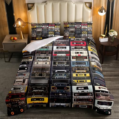 Erosebridal 3D Audio Cassettes Duvet Insert Twin Retro Music Theme Bedding Set for Kids Teen Adults Men Women Retro Musical Old Mixtape Comforter Set Hip-Hop Hippie Hipster Bed Set 1 Pillow Case