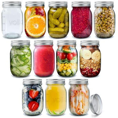 volila Mason Jar avec Couvercle - 490ml (Paquet de 12) Bocal en Verre avec Couvercle Pour Joint Hermétique - Bocal en Verre pour Overnight Oats Jar, Bocaux à Pickles, Bocaux en Verre Conserve