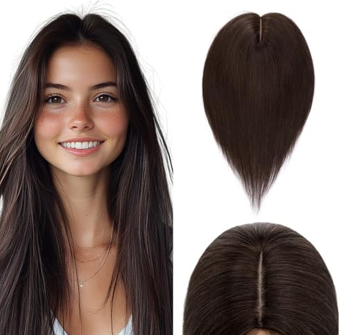 Elailite Hair Topper Capelli Veri Clip 40cm #2 Marrone Scuro Protesi Donna Human Hair Indiani 10cm*12cm con Silk Lace Toupet Toupee 50g