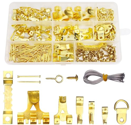 Avesteir 250 Pièces accroche tableau mural, attache cadre, fixations pour cadres, crochets muraux, crochet beton, Or fixation murale avec Clous, Câble Acier, Vis, Anneau en D et œil à Vis