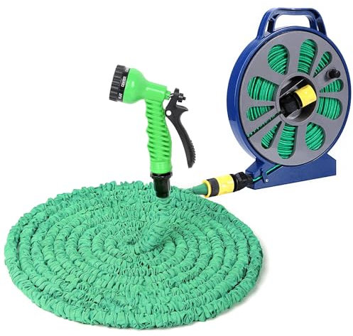 Avilia - Tubo Estensibile da Giardino 15m con Pistola 7 Getti e Dispenser - Tubo Acqua Giardino per Irrigazione, Lavaggio Auto o Pulizie - Avvolgimento Automatico e Raccordo Universale
