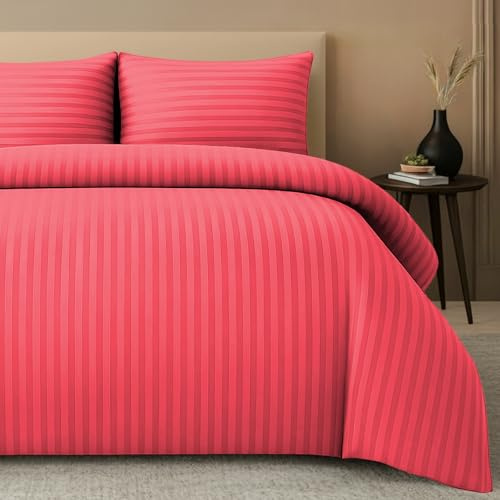 Pamposh Juego de funda de edredón de satén con rayas, tamaño Super King - Juego de ropa de cama de hotel de calidad premium - Funda de edredón hipoalergénica de microfibra ultra suave