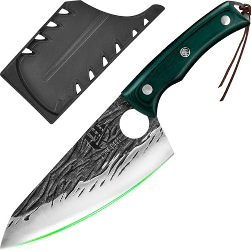 FULLHI 2pcs Coltello da Macellaio Con Fodero, da Cuoco Serbo Tang, da Verdure Con Mannaia in Acciaio al Carbonio per Esterno, Campeggio (Verde, Giapponese)
