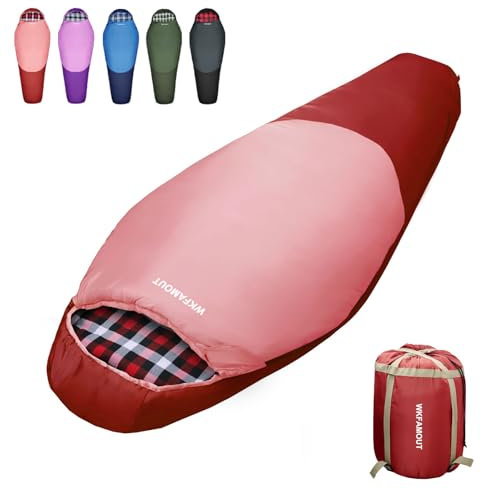 WKFAMOUT Mumienschlafsack Outdoor -12℃-0℃ [500GSM] Schlafsack Flanell 3-4 Jahreszeiten Tragbar Winter Maschinenwaschbarer Schlafsäcke für Erwachsene Kinder Camping Reisen 220x90CM Rot