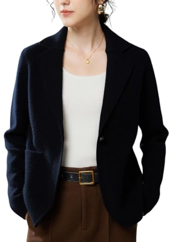 DISSA Cardigan Cachemire Femme Noir Revers façon Blaze Tricoté Mince Manches Longues épais Pull en Cachemire et Laine,EU 42,ZSBR8453