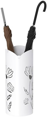 HOMCOM Paragüero de Acero Soporte de Paraguas con 4 Ganchos y Bandeja de Goteo Extraíble Paragüero Blanco para Entrada Oficina 17x17x41 cm