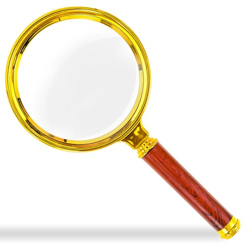 10x Handheld Magnifier, Reading Magnifier for Children and Seniors, Suitable for Hobby and Science, 90mm Plastic Gold-Plated Frame with Electroplated Gold Handle