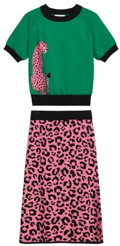 OXKNIT Conjunto de dos piezas de verano para mujer, rock rosa con estampado de leopardo y camiseta verde con patrón de leopardo, vintage de punto, conjunto casual, verde, XL