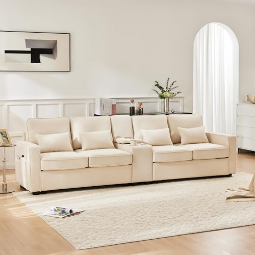 MSMOK Divano moderno a 4 posti in tessuto di lino con consolle, 2 portabicchieri, 2 porte USB per la ricarica con cavo, con tasche sui braccioli e 4 cuscini, (Beige + Lino + 4 posti, 290 * 84 cm)