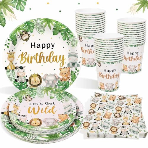 Heboland Vaisselle Decoration Jungle Anniversaire pour 25 Invités, 100pcs Assiette Serviette Gobelet pour Happy Birthday Decoration Jungle