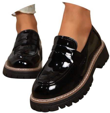 Womens Loafers Comfortable Platform Penny Loafer Chunky Heel Business Casual Dress Shoes Fashion Patent Leather