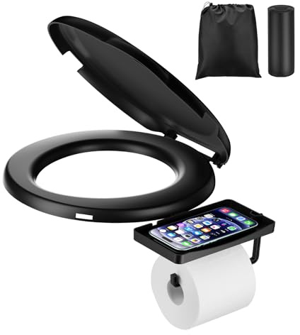 Bucket Toilet Seat 2025 Upgraded, 5 Gallon Bucket Toilet for Camping and Emergency with TP Holder & Phone Shelf, Snap-On Portable Luggable Loo with Rotatable Lid, Includes Carrying Bag & 12 Liners