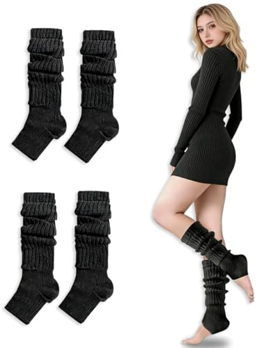 HUSHRICH 2Pairs Leg Warmers for Women Winter Long Leg Warmers Knit Legs Warmer Warm Long Boot Socks for 80s Party Yoga Dance, Black