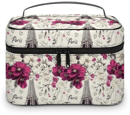 Grande borsa da viaggio per trucchi, organizer da viaggio in pelle con stampa Torre Eiffel, rosa brillante, per cosmetici, cosmetici, cosmetici, cosmetici, con manico e scomparti