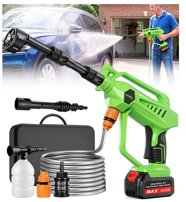 LanBlu Hidrolimpiadora Bateria de Alta Presion, Pistola de Agua a Presión Portátil con Boquilla Ajustable 6 en 1, Limpiadora Agua Presión para Coche, Pistola Hidrolimpiadora Sin Cable