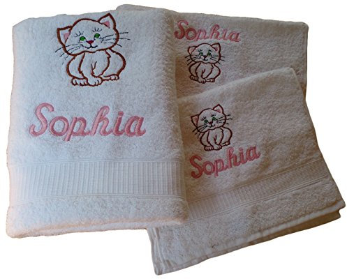 Bibos Handtuch Geschenkset 3 teilig Katze mit Namen Bestickt Waschlappen Duschtuch