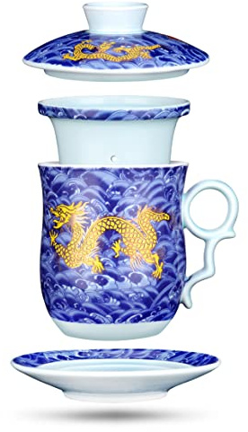 YURROAD 350 ml / 0,08 gal kinesiska tekoppar, 4 i 1 kinesiska porslinsmuggar med lock/sil/infusion/fat, kinesiska muggar drakmönster, keramisk tesil mugg, kinesisk tekopp gåva - blå