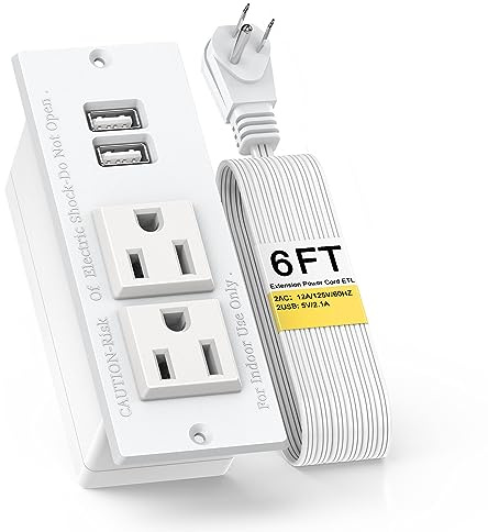 Recessed Outlet Desk Outlets with USB Ports Recessed Power Strip with 2-Socket 2-USB Charging Ports Desktop Power Grommet Charging Station with 6FT Extension Power Cord,Flat Plug