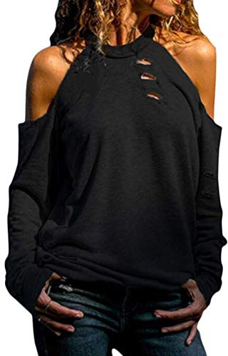 Huixin Camicetta A Maniche Lunghe da Donna Spalle Scoperte Abiti Top Accoglienti Camicia Carmen Estiva da Donna Camicia A Collo Alto Manica Lunga Tinta Unita Scollo Ampio Felpa T-Shirt (Nero,S)
