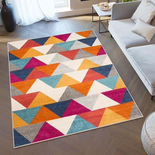 TAPISO Lazur Teppich Kurzflor Geometrisch Figuren Dreieck Rot Blau Grau Orange Rot Wohnzimmer Schlafzimmer Modern Design ÖKOTEX 80 x 150 cm