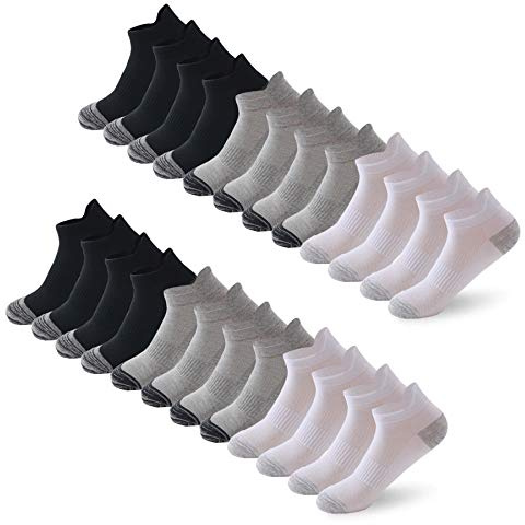 BUDERMMY 12/6 Pares de Calcetines Tobilleros Deportivos Para Hombres y Mujeres Calcetines de Corte Bajo de Algodón, Blanco/Gris/Negro