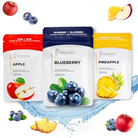 Wunder Zahnstocher - In 3 erfrischenden Sorten 'Fruit Pack’ - Zahnstocher mit Geschmack - gute Alternative zu Kaugummi - frischer Atem mit Aromatisierte Zahnstocher (3er Pack)