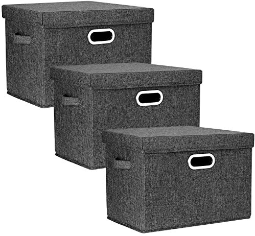 TYEERS Large Storage Box with Lid, Collapsible, Washable, Fabric Storage Box for Clothes, Wardrobe Storage, 44x30x29 cm, Set of 3, Black
