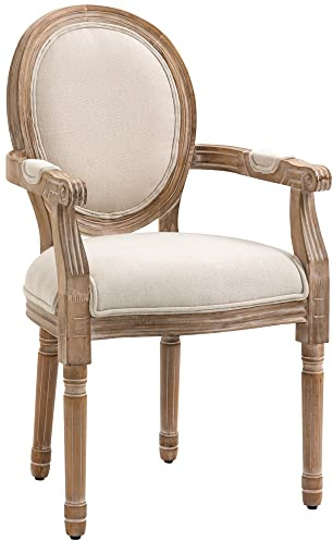 HOMCOM Chaise de Salle à Manger Médaillon Style Louis XVI Tissu Lin Crème | Chaise de Salon, Bois Massif Patiné Sculpté