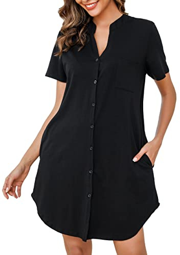 Vlazom Nattlinne för kvinnor, damer knapp ner nattlinne kortärmad mjuk vardaglig sovskjorta nattskjorta myskläder S-XXL, Svart, M