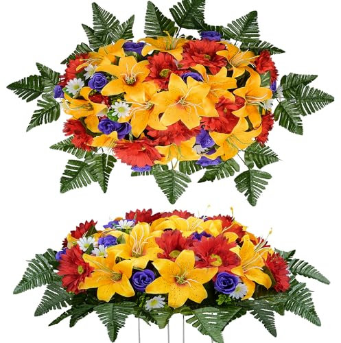 Flores Artificiales para lápidas, Flores para tumbas, Ramos de Lirios Rosas Artificiales para decoración de lápidas al Aire Libre (Lirio Naranja, Flores Silla)