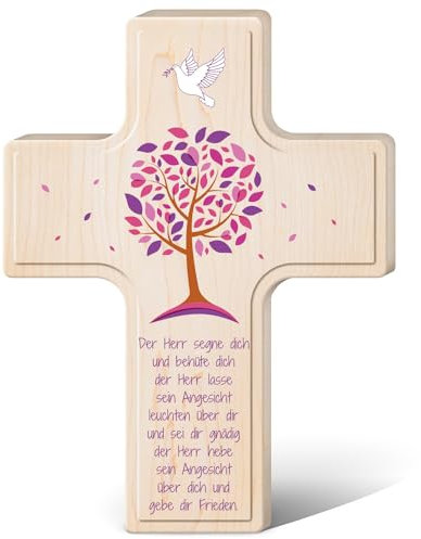 GRAVURZEILE Personalisiertes Kinderkreuz zur Taufe Kommunion und Konfirmation - Lebensbaum - Holzkreuz für Kinder personalisiert mit Text - Personalisierte Geschenke für Jungen und Mädchen - Lila