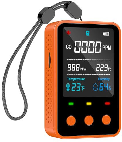 Gedsffati Tragbarer CO-Melder Kohlenmonoxidmelder, Mobiler CO-Warner Warnmelder CO-Messgerät mit Luftdruck- & Meereshöhe- & Temperatur- & Luftfeuchtigkeitsmessungen, für Camping Reise Auto, Orange