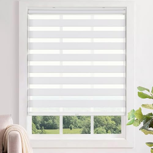 LazBlinds No Tools No Drill Cordless Zebra Blinds for Windows, Dual Layer Light Control for Day and Night, Light Filtering Privacy Roller Blinds and Shades for Home, 20 W x 48 H, White