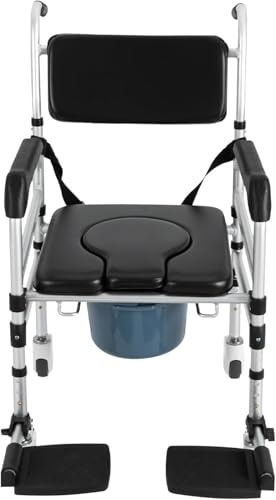 Shower Chair with Wheels Rolling Commode Chair for Toilet with Arms, Adjustable Height Folding Bath Commodes for Inside Shower, Bedside Wheelchair Bathroom Chairs for Elderly, Disabled, Injured