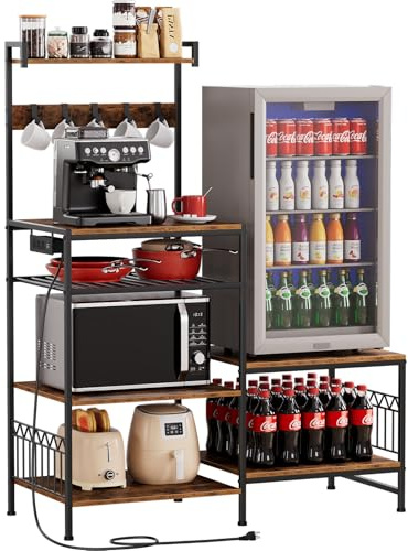 Portin Mini Fridge Stand Coffee Bar Cabinet with Power Outlet, Mini Fridge and Microwave Stand with S-Hooks, 7 Storage Shelf Rack for Dorm,Office - Kitchen Bakers Rack