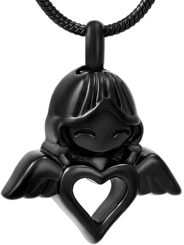 BIAIHQIE Collares de cremación para Cenizas, urna Conmemorativa con Forma de corazón, pequeño y Encantador ángel de niña, Colgante de Recuerdo en Negro, Plata y Oro Rosa